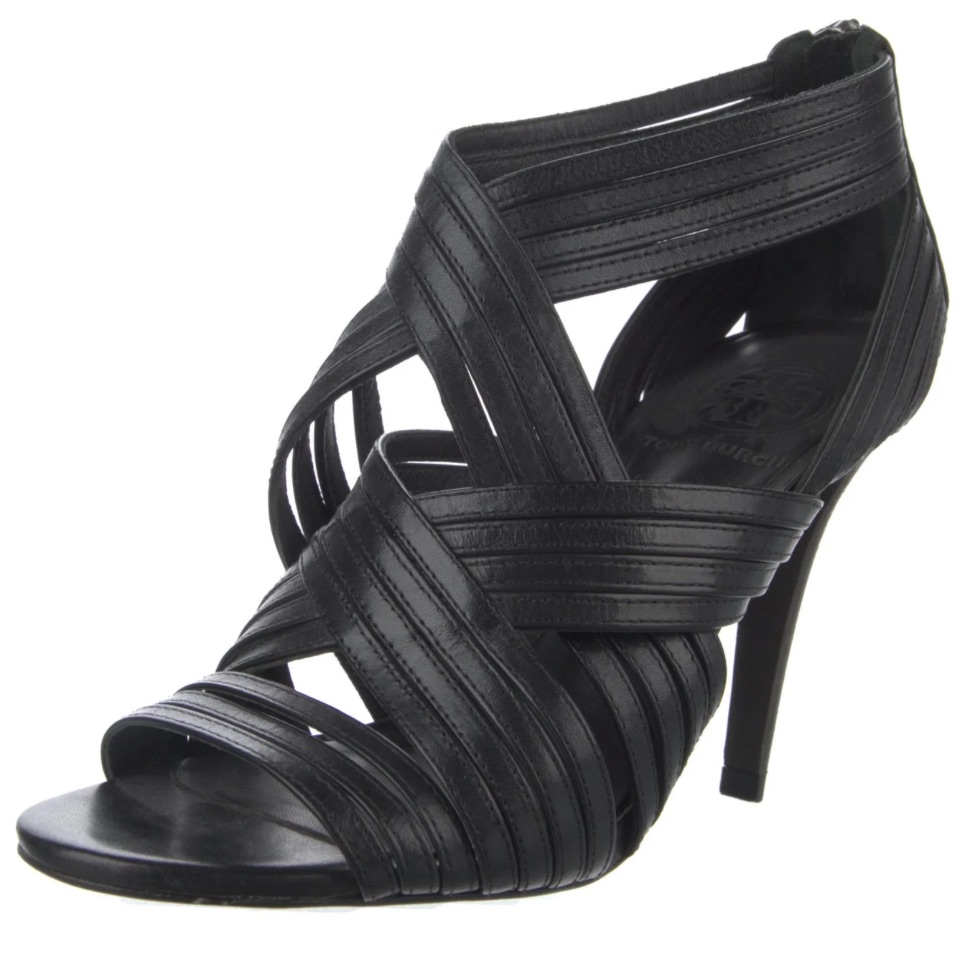 Black Leather Tory Burch Heeled Sandals, Size 7